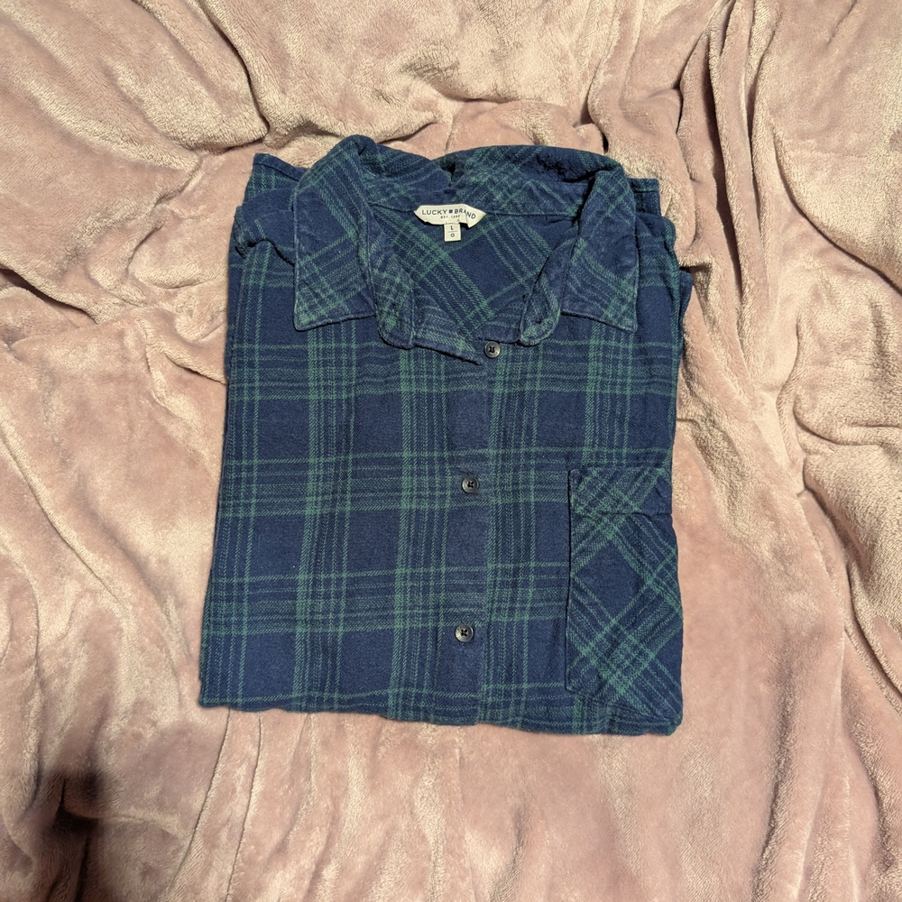 Lucky Brand Blue and Green Plaid Casual Button Down Shirt